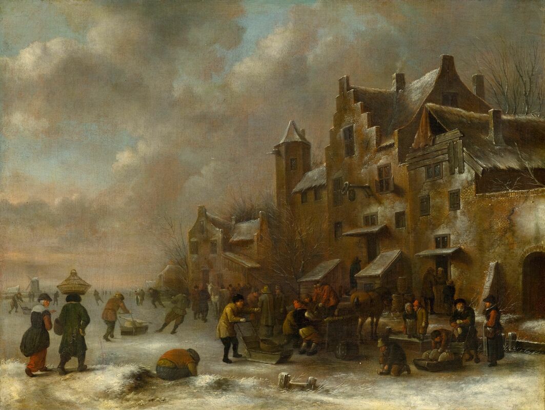 CLAES MOLENAER Klaes Molenaer Winter Landscape with Figures skating on Ice outside a Town snow sled seventeenth century for sale